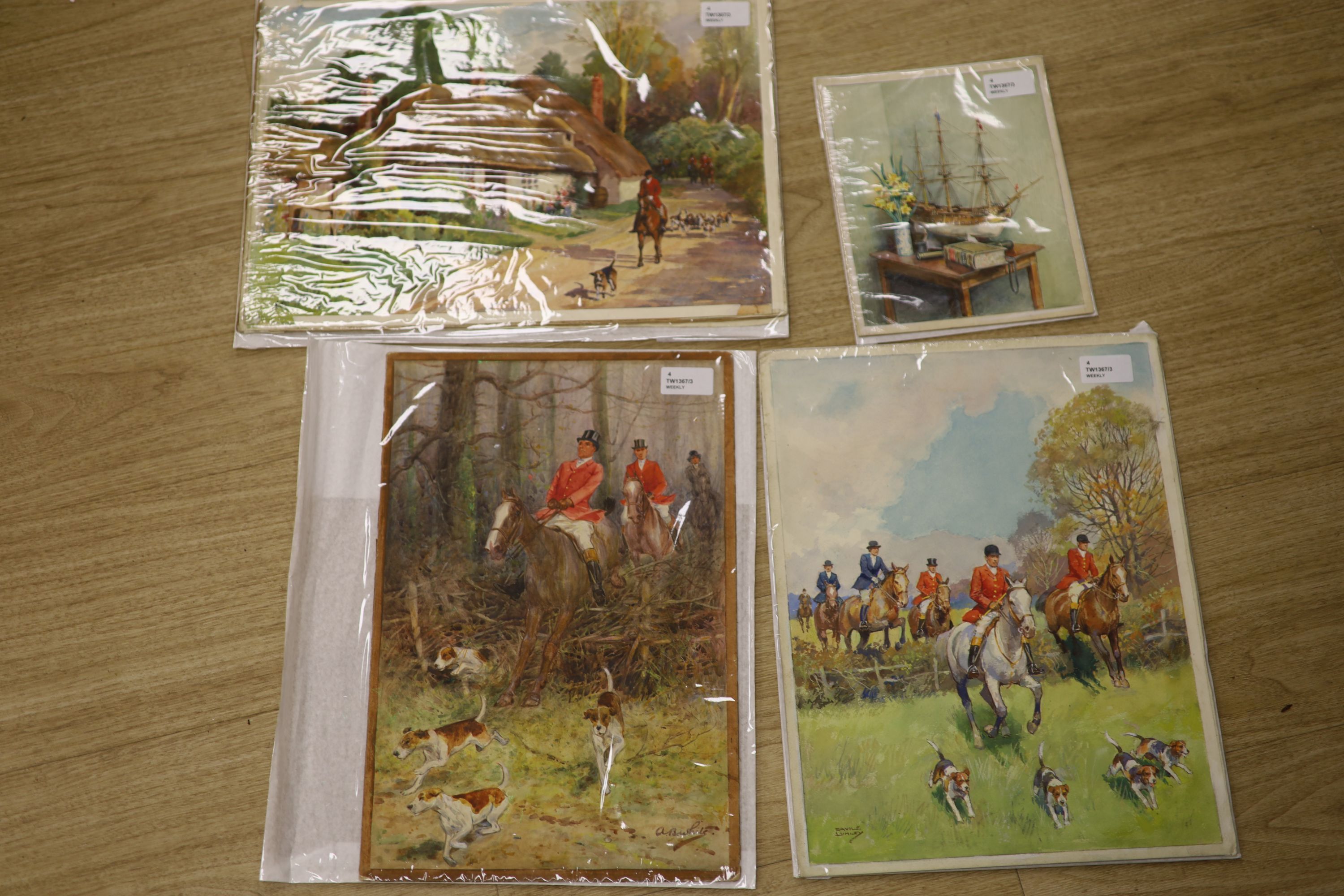 Savile Lumley (20th century), still life of a model ship and another watercolour of huntsmen and hounds and two other hunting scenes